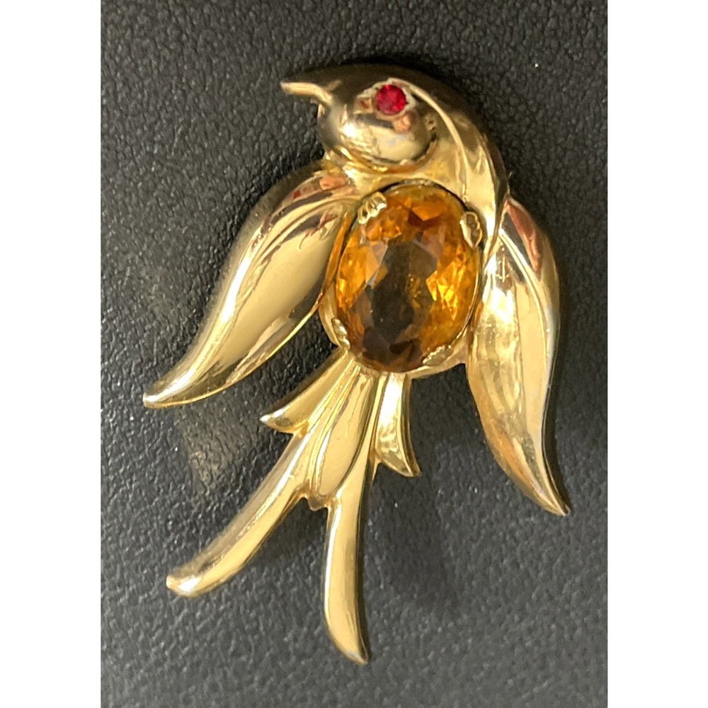 Vintage CORO Bird Brooch Rhinestone Cabochon Gold Tone Prong Set Signed Pin